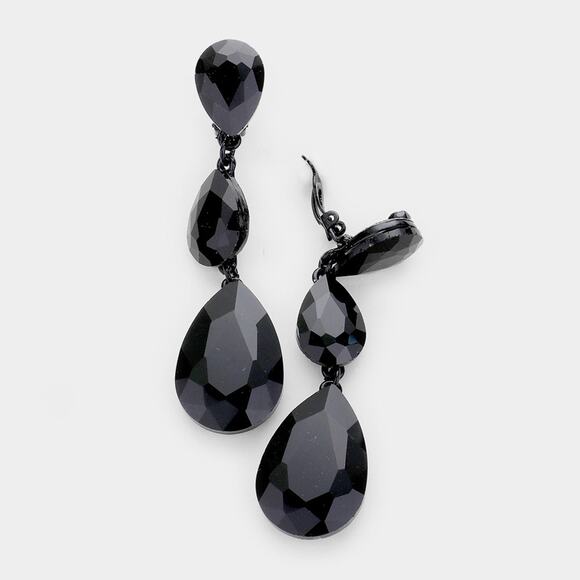 Clip on 3" long black graduated teardrop stone earrings - Picture 4 of 4